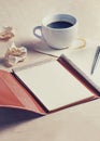Planning concept, old diary with coffee and pen, vintage filtered Royalty Free Stock Photo