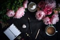 Planning the day. Planner,coffee and pink flowers on the dark bacground. Flat lay. Generative ai Royalty Free Stock Photo