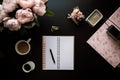 Planning the day. Planner,coffee and pink flowers on the dark bacground. Flat lay. Generative ai Royalty Free Stock Photo