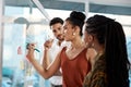 Planning for the future of this business. a diverse group of businesspeople standing and using a glass board with post Royalty Free Stock Photo