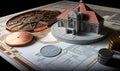 Planning of a house building. Money and investment concept. Coins in piles near the model of house. Generative AI