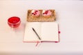 Planning laptop, high angle view of open blank notebook, cup and cupcake Royalty Free Stock Photo