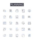Planning line icons collection. Preparing, Organizing, Scheduling, Strategizing, Mapping out, Creating blueprints
