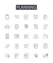 Planning line icons collection. Preparing, Organizing, Scheduling, Strategizing, Mapping out, Creating blueprints