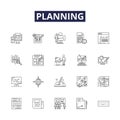 Planning line vector icons and signs. Charting, Scheduling, Estimating, Forecasting, Arranging, Designing, Mapping