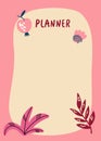 Planning list with palm leaves. Tropical summer elements. Template for agenda, schedule, notebooks, cards. Cartoon Vector