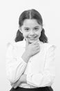 She is planning a prank. Girl school uniform smiling cunning face yellow background. Girl happy back to school. Child