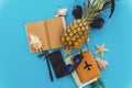 Planning summer vacation flat lay. stylish black phone, passport Royalty Free Stock Photo