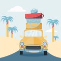 Planning summer vacations, Travel by car. Vehicle with suitcases on roof. World Travel, Summer holiday,Tourism and vacation theme Royalty Free Stock Photo