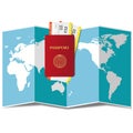 Planning travel concept around the world. Passport, airplane tickets, and world map. Royalty Free Stock Photo