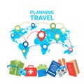 Planning Travel Concept Pointers On World Map Baggage Items Icons Royalty Free Stock Photo