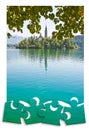 Planning a trip to Bled lake, the most famous lake in Slovenia with the island of the church Europe - Slovenia - Concept mage in