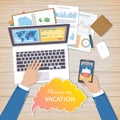 Planning Vacation Concept. Businessman at work plans his summer vacation. Mobile applications, web site on the smartphone Royalty Free Stock Photo