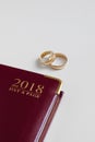 Planning a wedding in 2018. Top view of 2018 personal organizer and two wedding rings on white background with space for text Royalty Free Stock Photo