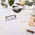 Wedding checklist and accessories on white wooden background
