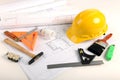Plans, Hardhat, and Tools Royalty Free Stock Photo