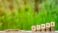 `plans` word on stack of coins and a pile of golden coins on wooden table