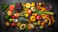 Plant based diet, Vegan food, Vegetarian, fruits, vegetables, salad, meal, go vegan, Generative AI Royalty Free Stock Photo