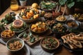 plant-based feast, featuring variety of vegetable and fruit dishes