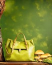 Plant based material bag and mushrooms on green background