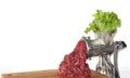 Leaves of salad in meat grinder. ground beef comes out of the meat grinder. Plant-based meat concept.