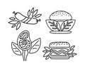 Plant based meat, vector of black line icons. Set of vegan hamburger, sausage, steak. Green leaves instead of meat. Food