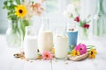 plant-based milk alternatives in reusable glass bottles