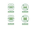 Plant based vegan burger simple logo icon set with green leaves