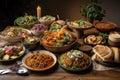 plant-based and vegan feast with various dishes, including salads, curries, and soups