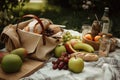 plant-based and vegan picnic in the park, with bag of fresh produce, fruit and bread