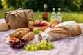 plant-based and vegan picnic in the park, with bag of fresh produce, fruit and bread