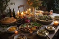 plant-based and vegan thanksgiving feast, with centerpieces of herbs and greens