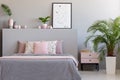 Plant and cabinet next to bed with pillows in grey and pink bedroom interior with poster. Real photo Royalty Free Stock Photo