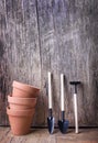 Plant clay pot and gardening tool on vintage wooden background still life. Houseplant growing hobby and spring flower care at home