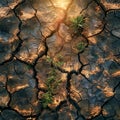 Plant Emerging From Cracks in Desert Soil. Generative AI