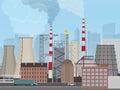 Plant factory on the city background. Industrial factory landscape. Pollution concept.