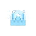 Plant, factory smoking chimney flat vector icon. Filled line style. Blue monochrome design. Editable stroke