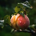 peach fruits tree and bee and butterfly take nectar on fruits tree and berries, dew drops on branch in gardens