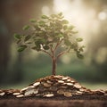 A plant with a green leaf sprouts from a pile of coins. Royalty Free Stock Photo