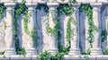 Plant with green leaves climbing on decorative greek or roman architecture design elements, 3D modern illustration of Royalty Free Stock Photo