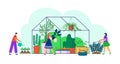 Plant grow in greenhouse, garden nature at building, vector illustration. Cartoon gardening with green agriculture plant