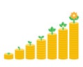 plant grow up on stack of coin from seed to flower. investment and saving money concept