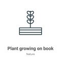 Plant growing on book outline vector icon. Thin line black plant growing on book icon, flat vector simple element illustration Royalty Free Stock Photo