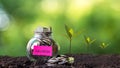 Plant growing in Coins glass jar on dry with education for together and success.