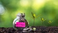 Plant growing in Coins glass jar on dry with investment for Travel Retire Saving paper label for money planning travel and retire