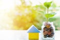Plant growing from coins in the glass jar and paper house origami on blurred green natural background with sun light effect Royalty Free Stock Photo