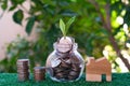 Plant growing from coins in glass jar. Wooden house model on artificial grass. Home mortgage and property investment concept Royalty Free Stock Photo