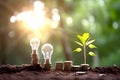 Plant growing on coins and light bulb. concept saving money with energy. Generative AI Royalty Free Stock Photo