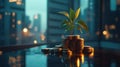 Plant growing from coins on table, city background Royalty Free Stock Photo