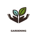 Plant growing from open hands logo design. Two leaves isolated Royalty Free Stock Photo